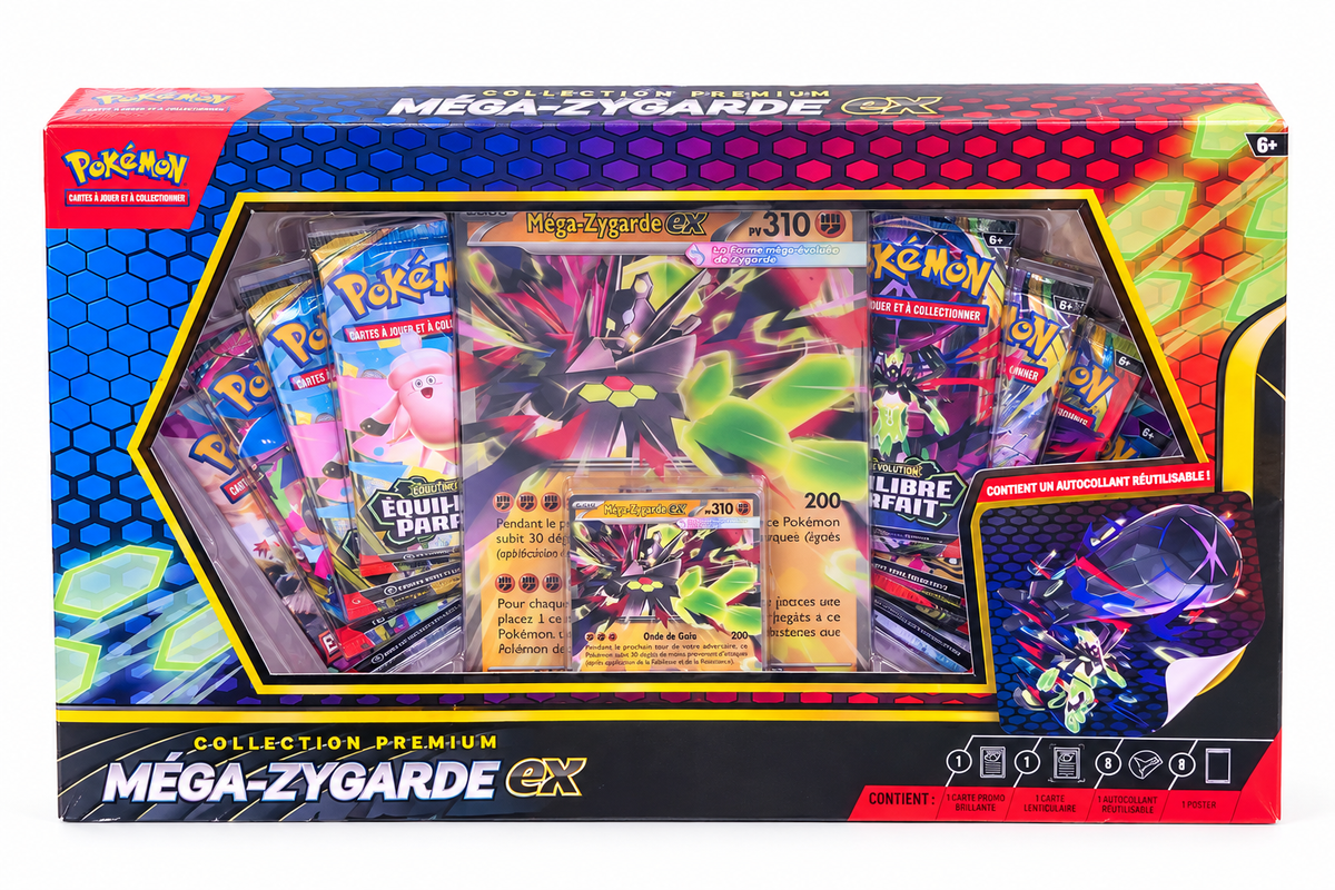 Coffret Pokémon Collection Premium Méga-Zygarde-ex, photo sur fond blanc