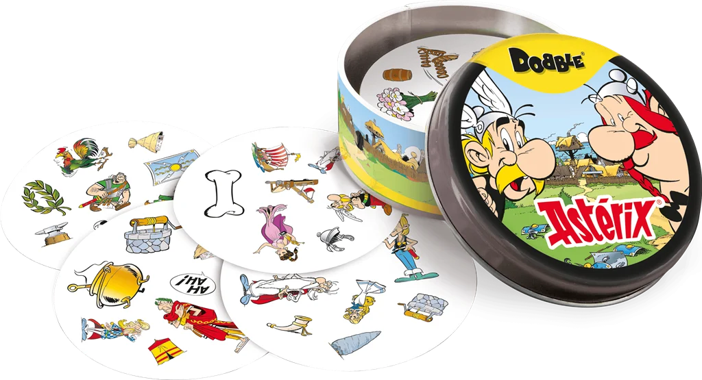 dobble asterix — boîte ouverte et cartes du jeu