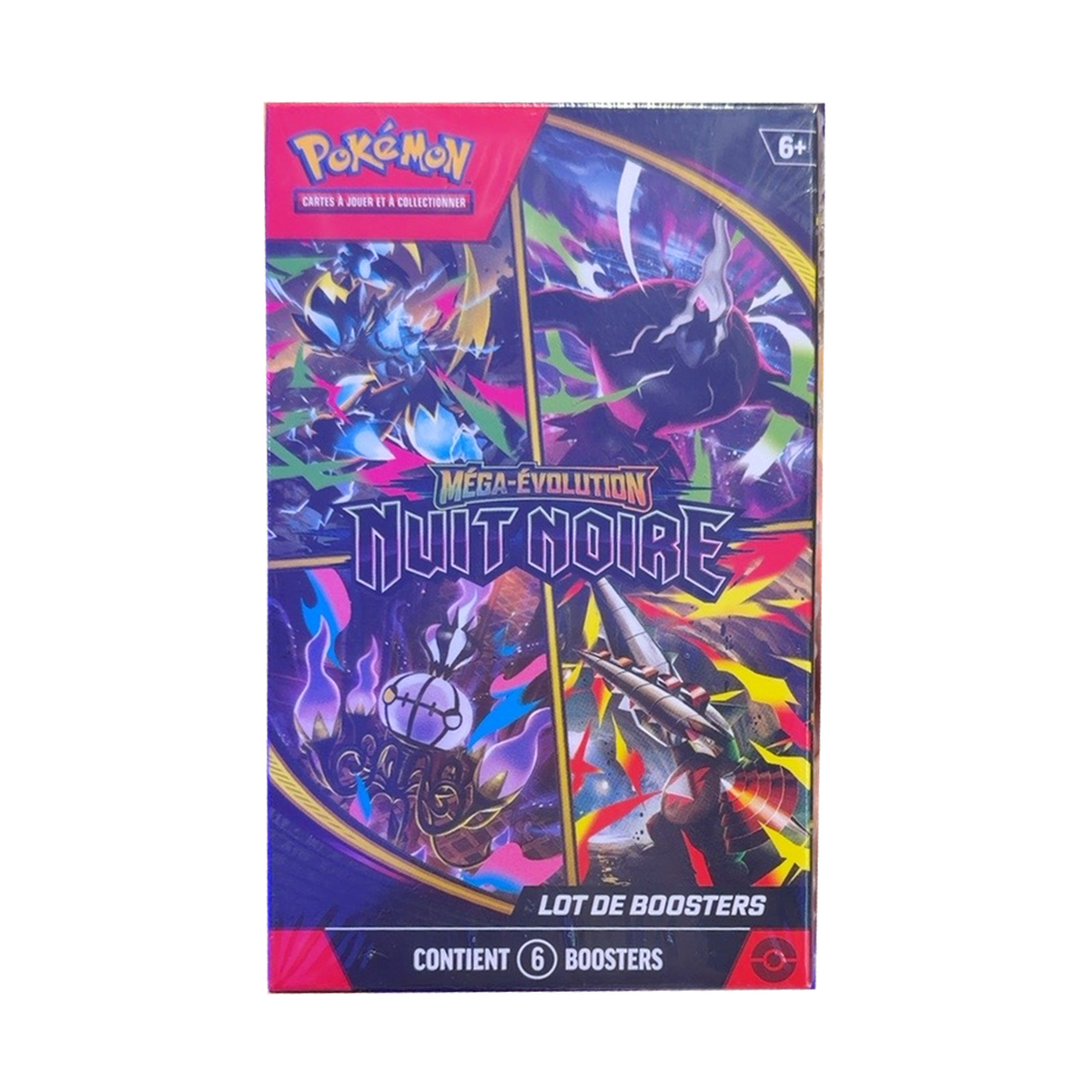 Lot Pokémon Méga-Évolution Nuit Noire de 6 boosters sur fond blanc